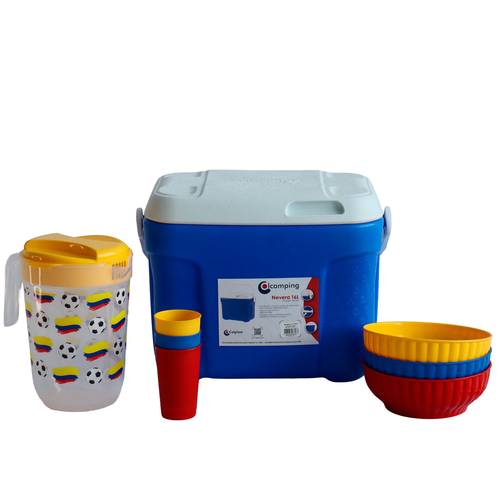 Combo Mundialista Fan: Nevera 16 Lt, Bowls Set X3, Vaso Set X3, Jarra Mundialista