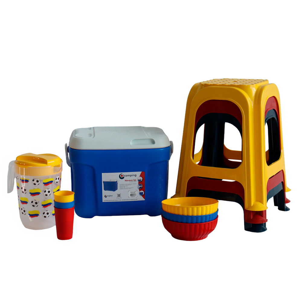 Combo Mundialista Tricolor: Nevera 16 Lt, Bowls Set X3, Vaso Set X3, Jarra Mundialista, Butaco Splendor Set X3