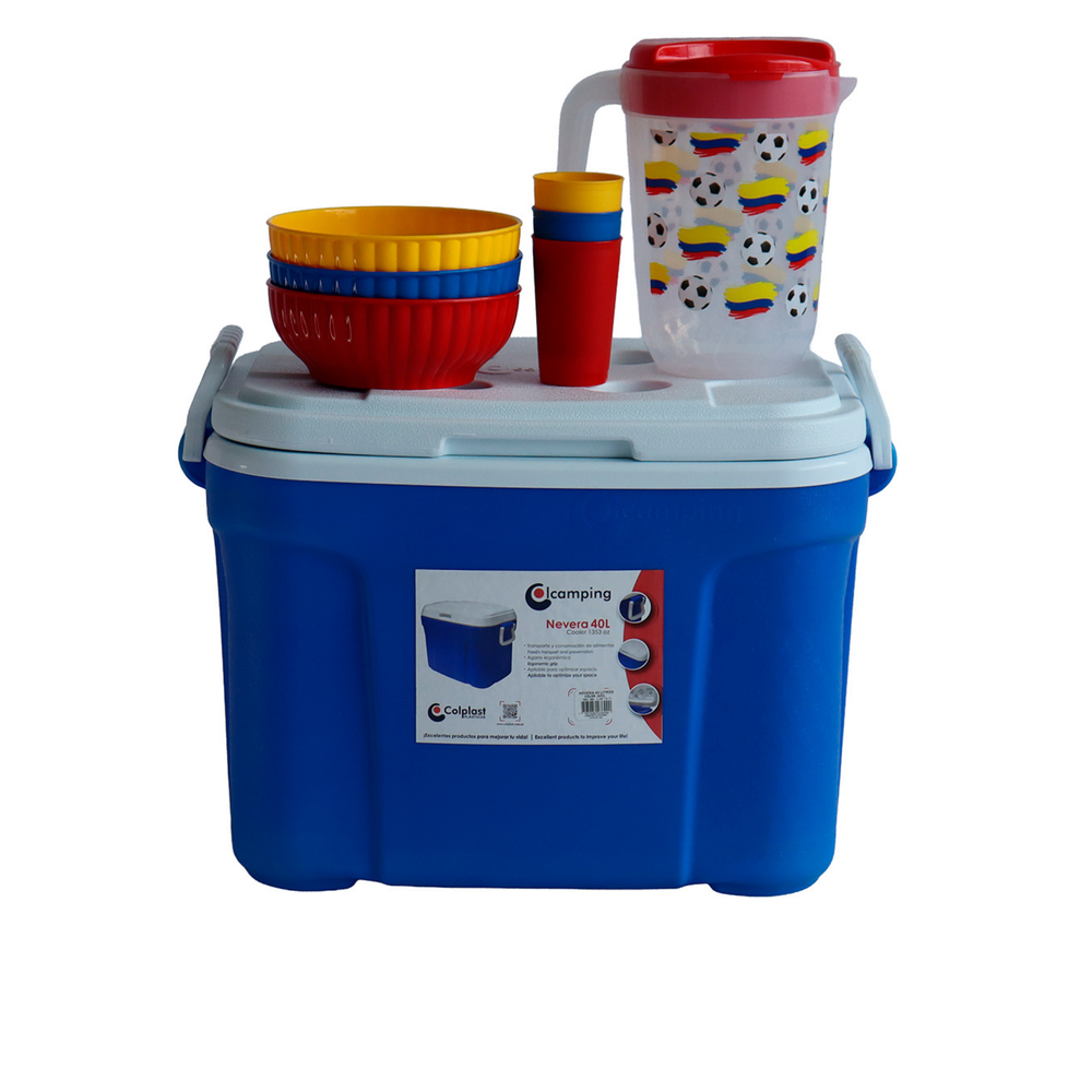 Combo Mundialista Hincha: Nevera 40 Lt, Bowls Set X3, Vaso Set X3, Jarra Mundialista